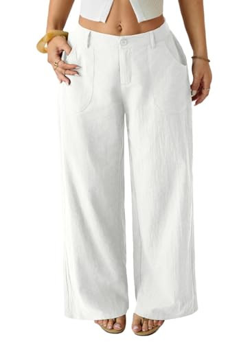 EVALESS Women's Linen Pants Spring 2026 High Waist Wide Leg Palazzo Pants Fashion Button Down Trousers with Pockets White Large | Amazon (US)