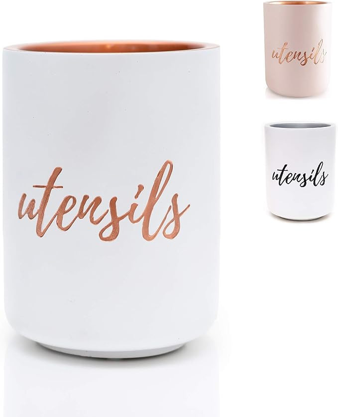 White and Copper Utensil Holder and Organizer, Cement - Copper Utensil Crocks for Copper Kitchen ... | Amazon (US)