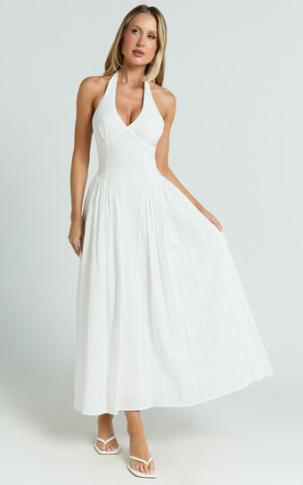Athena Midi Dress - Halter Drop Waist Dress in White | Showpo (US, UK & Europe)