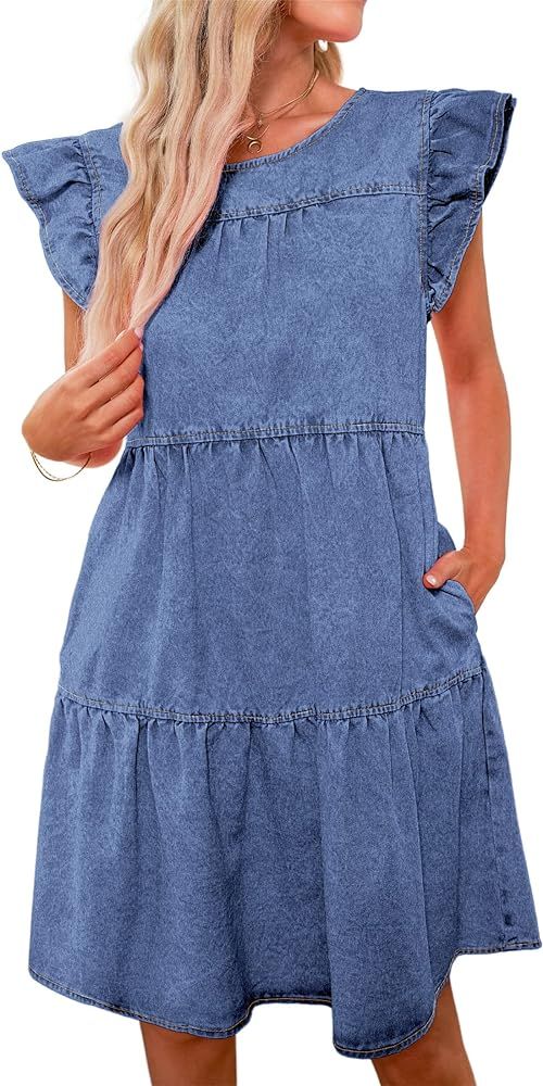 luvamia 2023 Denim Dress for Women Summer Babydoll Sleeveless Ruffle Sleeve Mini Dresses Loose Fl... | Amazon (US)