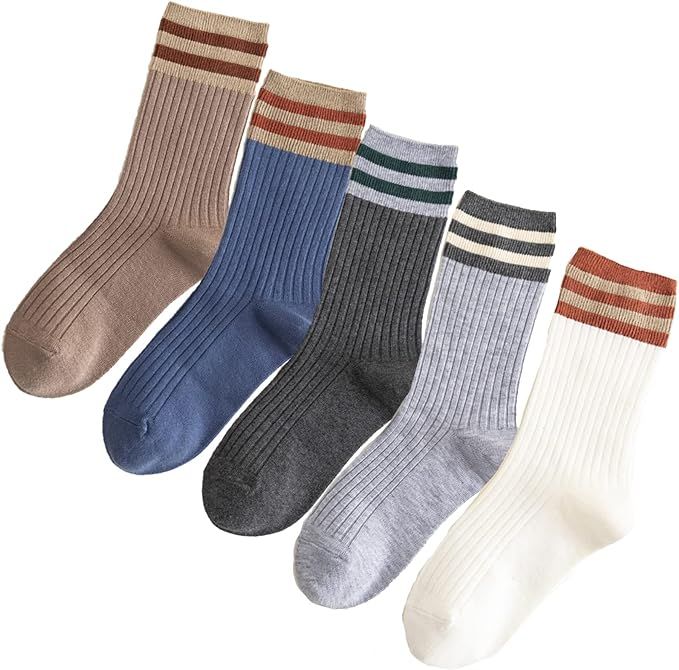 5 Pairs Fashion Striped Athletic Socks,Casual Cute Vintage Crew Socks,All Season Socks for Women ... | Amazon (US)