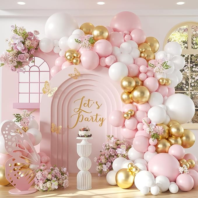 136pcs Pink and White Gold Balloon Arch Garland Kit with Pink White Metallic Gold Balloons for Bi... | Amazon (US)