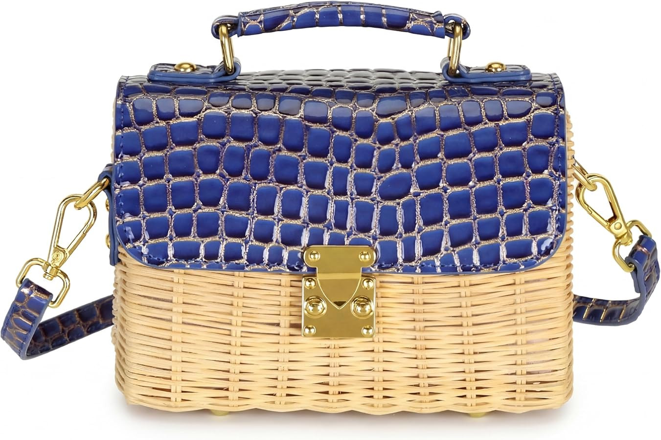 Women's Straw Bag Handmade - Vegan Leather Top-handle Handbags, with Gold and Crocodile Embossed,... | Amazon (US)