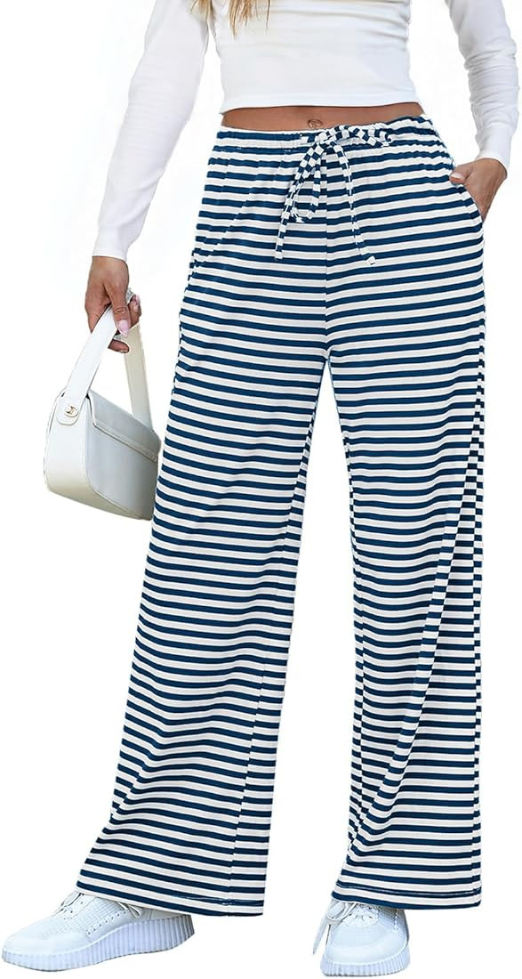 EVALESS Wide Leg Pants for Women Drawstring Elastic Waist Stripe Ribbed Sweatpants with Pockets | Amazon (US)