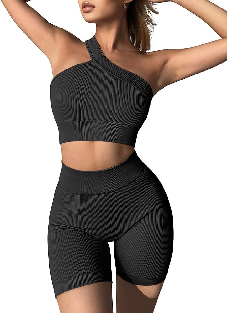 OQQ Workout Outfits for Women 2 Piece Ribbed Seamless High Waist Shorts with One Shoulder Crop Tops  | Amazon (US)
