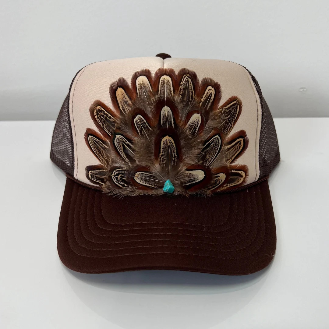 FEATHER Trucker Hat Two Tone Turquoise Stone Embellished Trucker Hat Tan Brown - Etsy | Etsy (US)