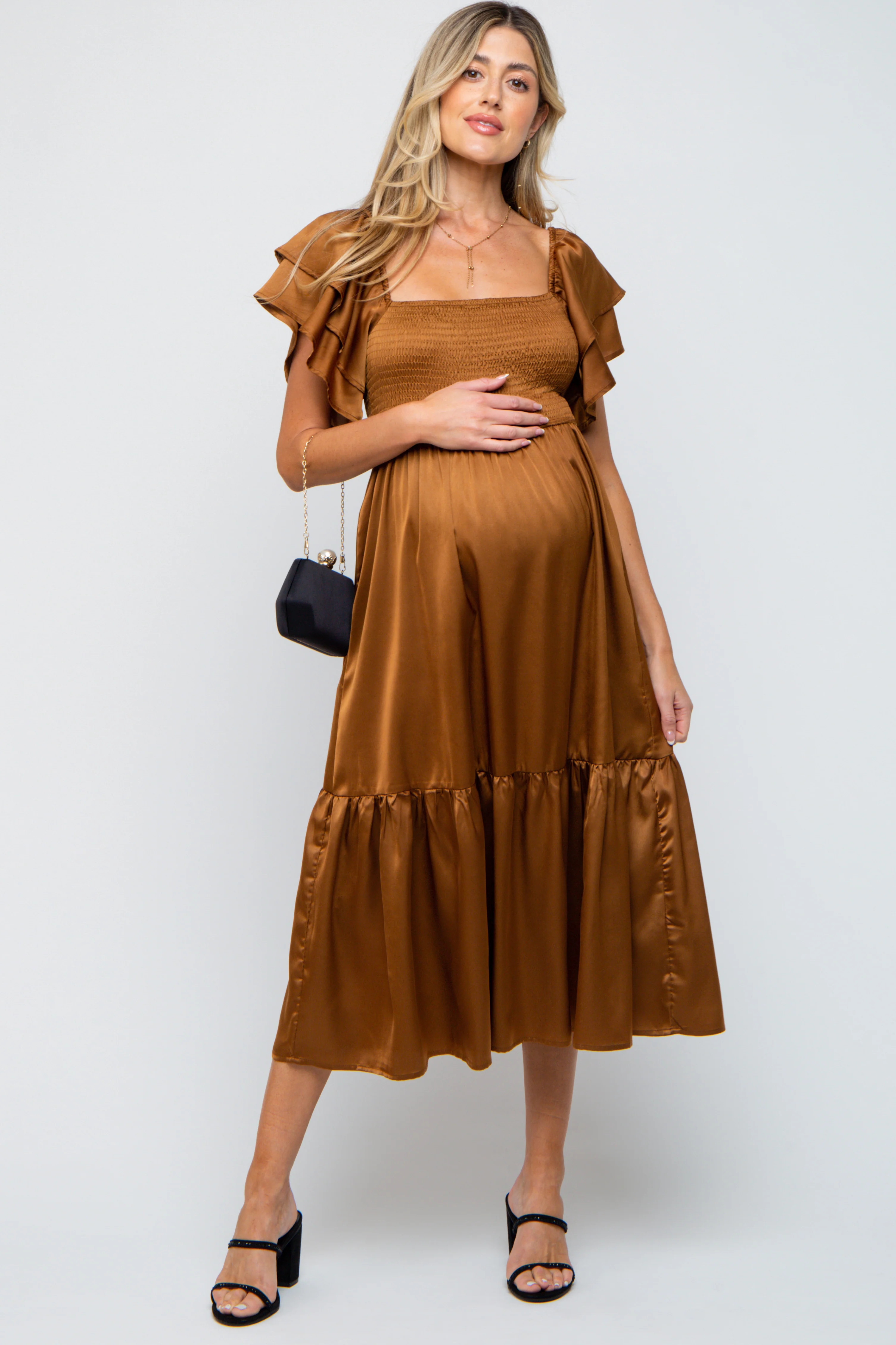 Camel Satin Flutter Sleeve Maternity Midi Dress | PinkBlush Maternity