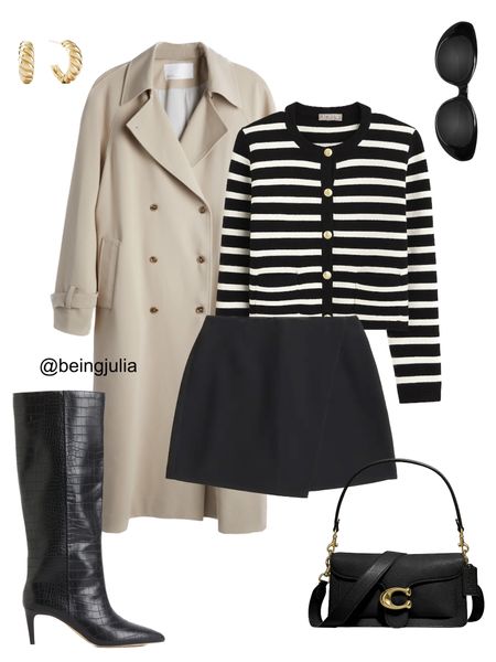 Fall outfit inspiration! I imagine this outfit styled with tights and a slicked back bun or ponytail! 

-Oak + Fort oversized trench coat. I have this one in a medium. 
-J. Crew navy and cream striped cardigan with gold buttons. 
-Abercrombie black wrap skort. 
-Coach tabby shoulder bag 26 in black pebble with brass hardware. 
-Knee high pointed black boots in a crocodile print from H&M. 
-Celine Triomphe 52mm sunglasses in black acetate. 
-Mejuri gold croissant dome hoop earrings. 


#LTKfindsunder100 #LTKstyletip #LTKSeasonal