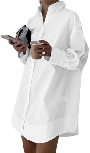 LYANER Women's Casual Shirt Dress Collar V Neck Button Down Loose Long Sleeve Mini Dresses | Amazon (US)