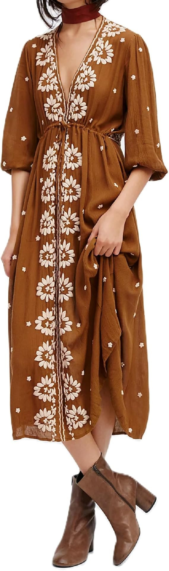 Women Boho Floral Maxi Dress Puff Sleeve V Neck Long Dress Bohemian Flowy Tiered Dress Loose Fit ... | Amazon (US)