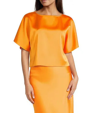 Cara Satin Boat Neck Short Sleeve Blouse | Dillard's