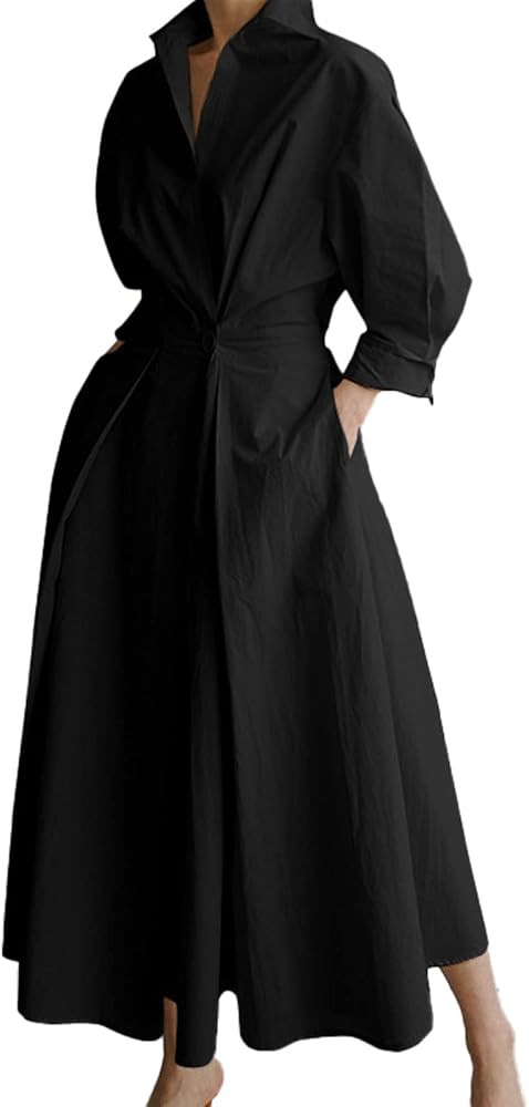 Women's Long Sleeve Button Down Shirt Dresses Lapel Collar Elastic Waist A Line Casual Elegant Ma... | Amazon (US)