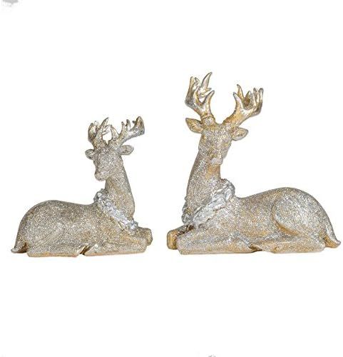 Gold Tone Glitter Small Sitting Reindeer 7.5 x 5.5 Resin Christmas Figurine Set of 2 | Amazon (US)