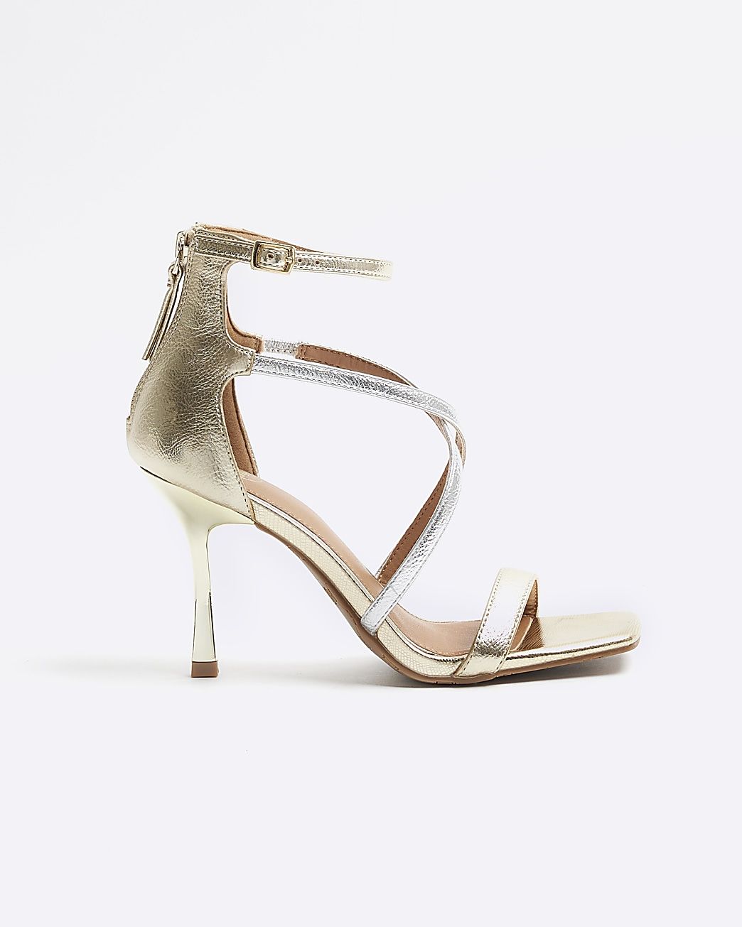 Gold closed back strappy heeled sandals | River Island (UK & IE)