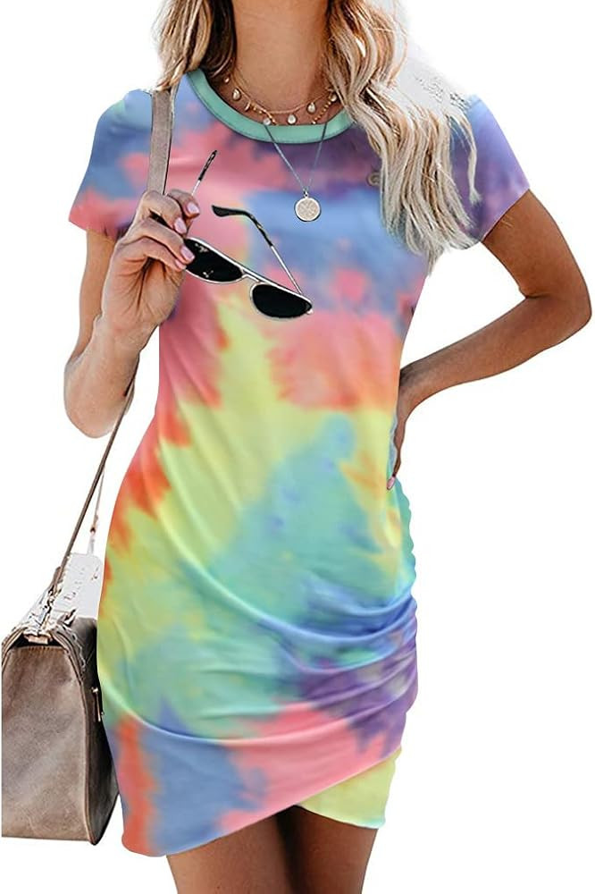 Women’s Summer Casual Crew Neck Ruched Stretchy Tulip Hem Bodycon Short Mini Dress T Shirt Shea... | Amazon (US)