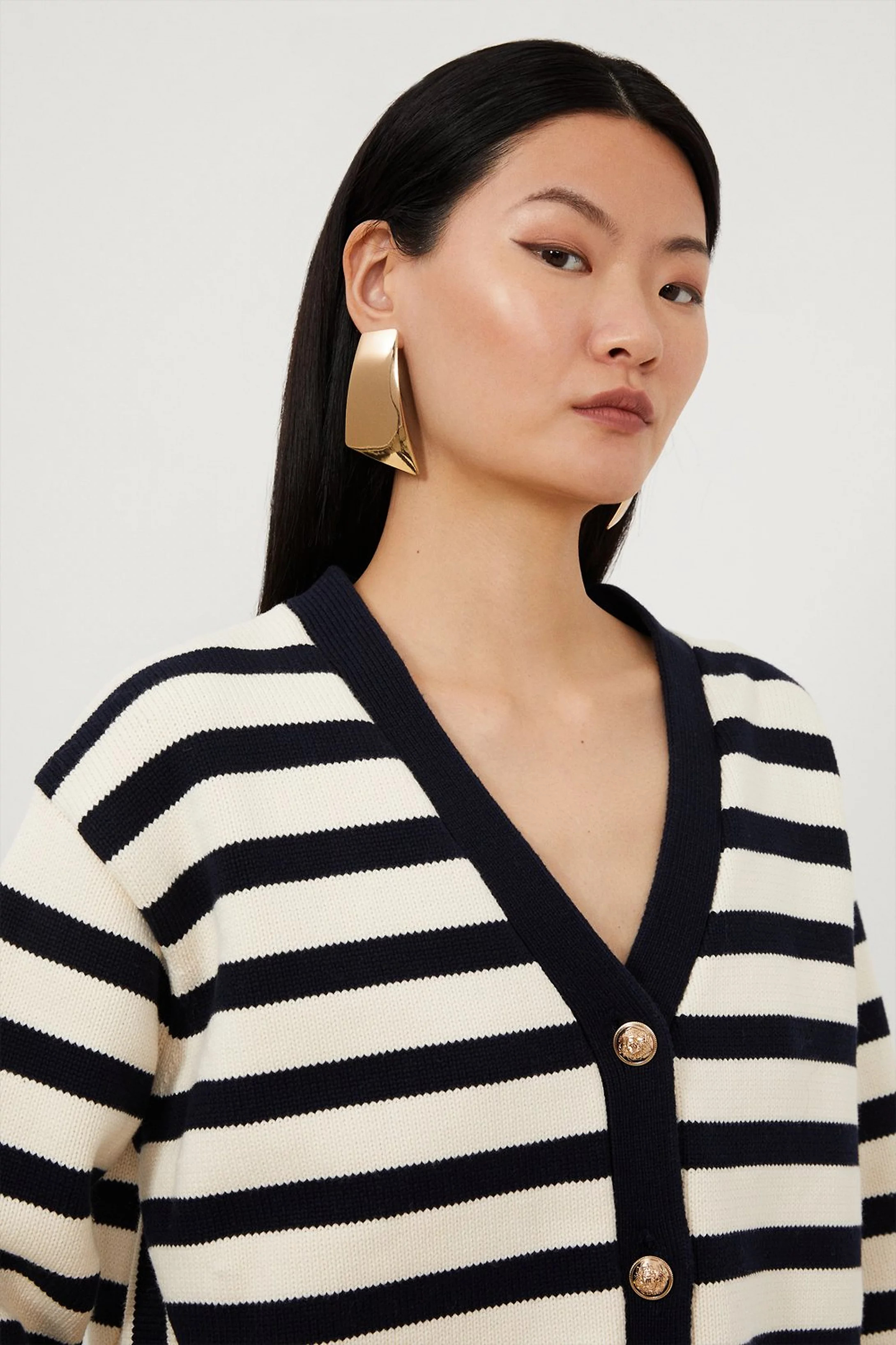 Cotton V Neck Knit Boxy Striped Cardigan | Karen Millen UK + IE + DE + NL