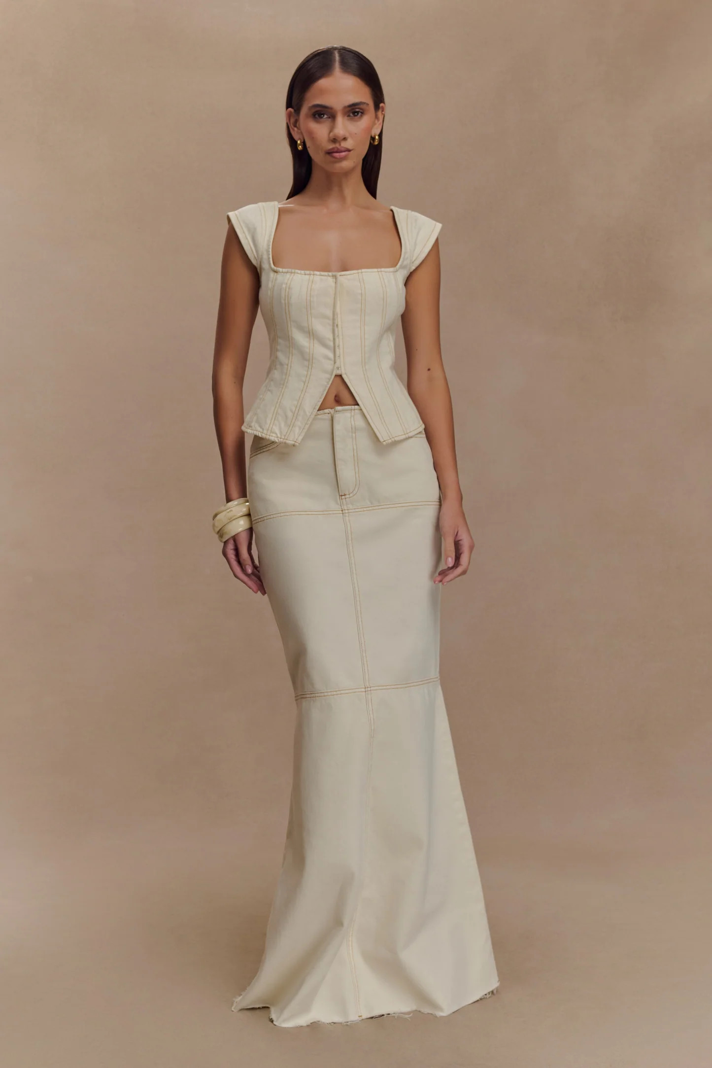 Loretta Cap Sleeve Denim Top - Ecru | MESHKI US