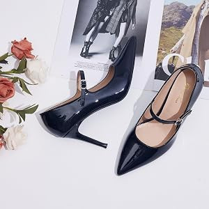 GENSHUO Women Mary Jane Pumps High Heels Pointed Closed Toe Stiletto with Strap Comfortable Vinta... | Amazon (US)