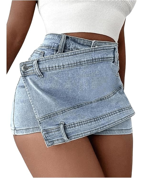 SHENHE Women's Vintage Mini Denim Skorts Wrap Overlay Irregular Stretchy Cargo Cargo Shorts | Amazon (US)