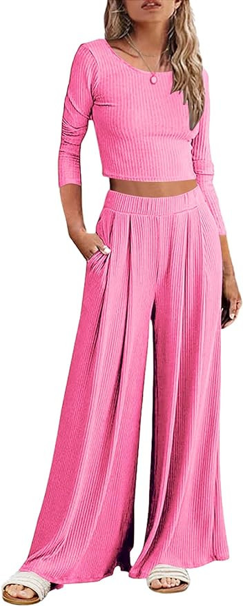 Ekouaer Women's 2 Piece Lounge Sets Ribbed Knit Crop Top Wide Leg Pants with Pockets S-XXL | Amazon (US)