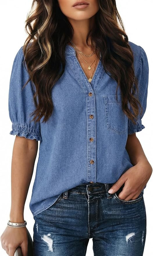 Dokotoo Women Denim Shirt Button Down Casual Short Sleeve V Neck Blouse Summer Tops | Amazon (US)