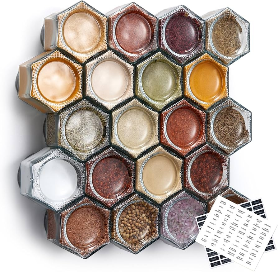 Homazing Set of 20 Large 4oz Magnetic Spice Jars for Refrigerator, Hexagon Glass Magnetic Spice J... | Amazon (US)