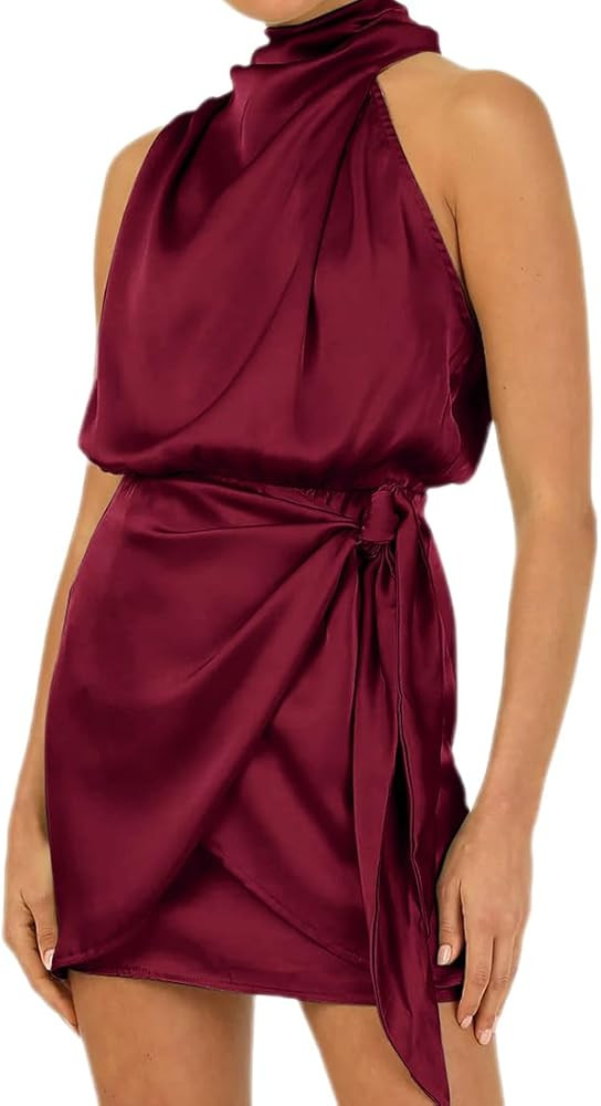 IDOPIP Women Summer Elegant Satin Mini Dress Formal Bridesmaid Wedding Guest Dress Party Tie Knot... | Amazon (US)