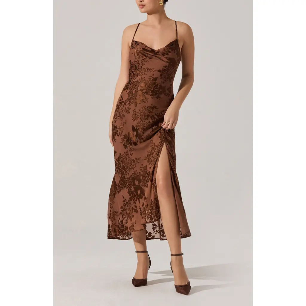 ASTR the Label Gaia Floral Velvet Burnout Slipdress in Brown Floral at Nordstrom, Size Small | Nordstrom