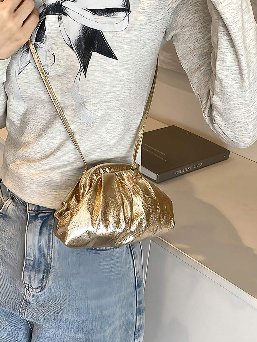 Spring/Summer New Simple Solid Color Shiny Pleated Cloud Bag, Personalized Large Capacity Outdoor... | SHEIN