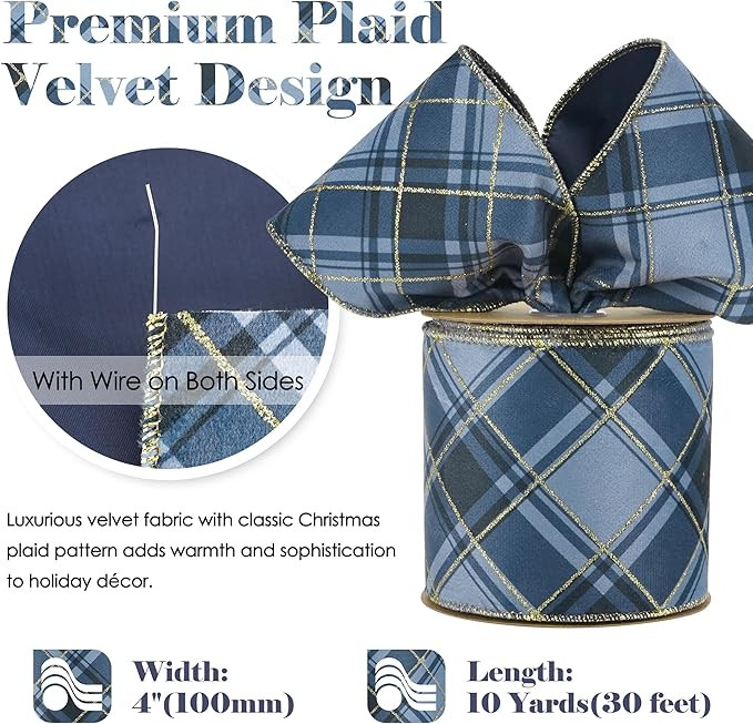 HUIHUANG Blue Plaid Christmas Wired Ribbon 4 inch Blue and Gold Checkered Velvet Ribbon for Chris... | Amazon (US)