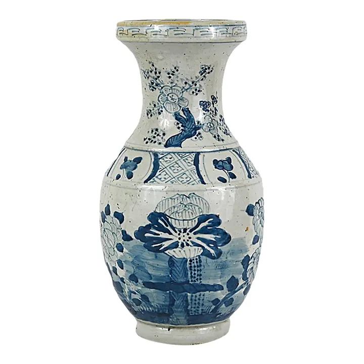 Contemporary Chinoiserie Porcelain Blue & Bone White Botanical Vase | Chairish