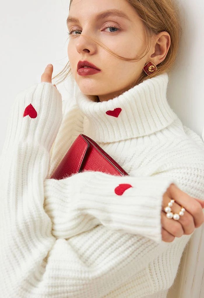 Embroidered Red Heart Turtleneck Crop Sweater in White | Chicwish
