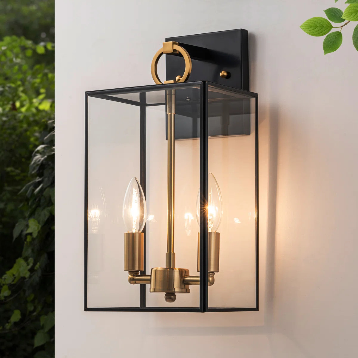 2-light Black+brass Outdoor Wall Lantern With E12 Base Socket And Clear Tempered Glass Shade | Wayfair North America