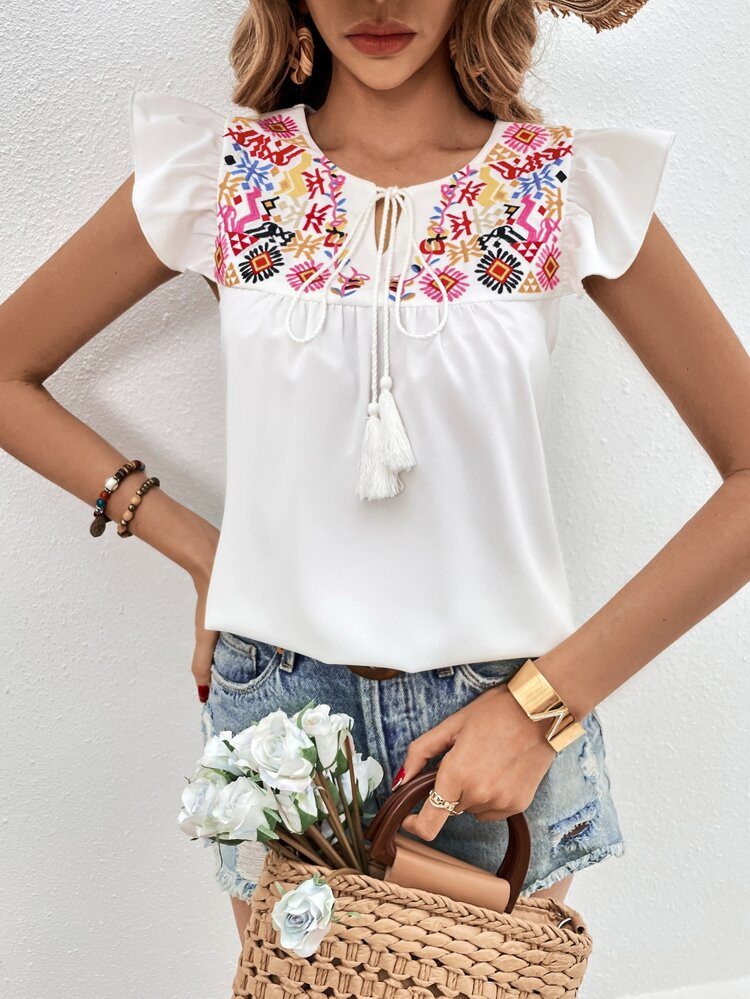 SHEIN VCAY Floral Embroidery Tie Neck Butterfly Sleeve Blouse
       
              
            ... | SHEIN