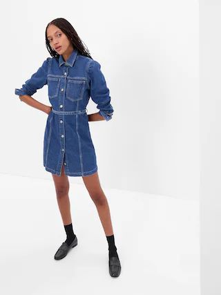 Puff Sleeve Denim Mini Dress with Washwell | Gap (US)