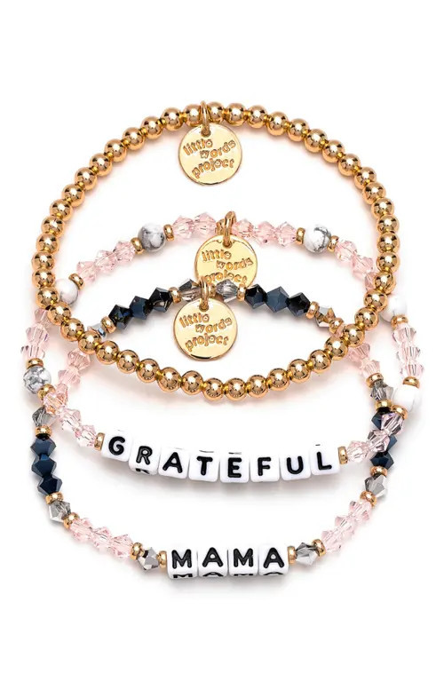 Little Words Project Grateful & Mama Set of 3 Beaded Bracelets in Blush/black at Nordstrom | Nordstrom