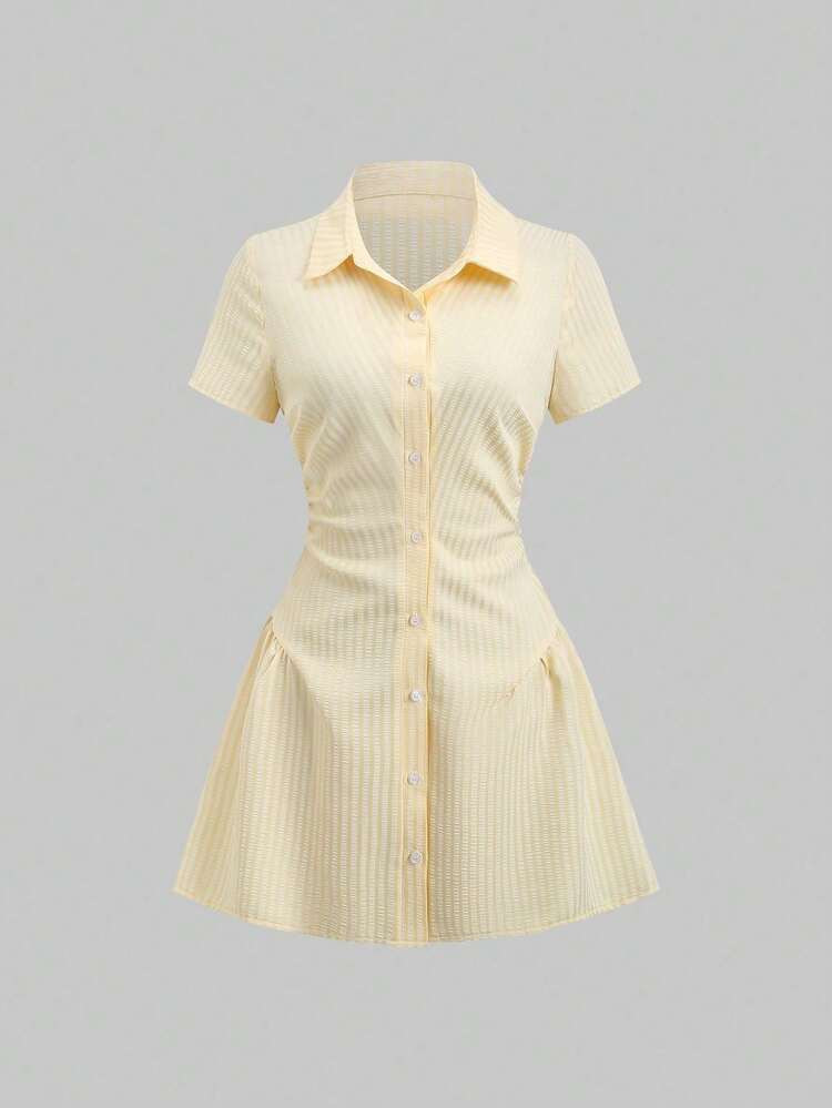 Striped Button-Down Shirt Dress, Short Sleeve Collared A-Line Mini Dress, Casual Summer Office Dress For Women | SHEIN