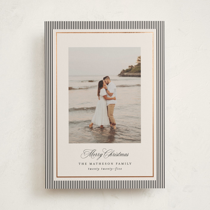 "Striped Elegance" - Customizable Foil-pressed Holiday Cards in Beige by Kelly Schmidt. | Minted