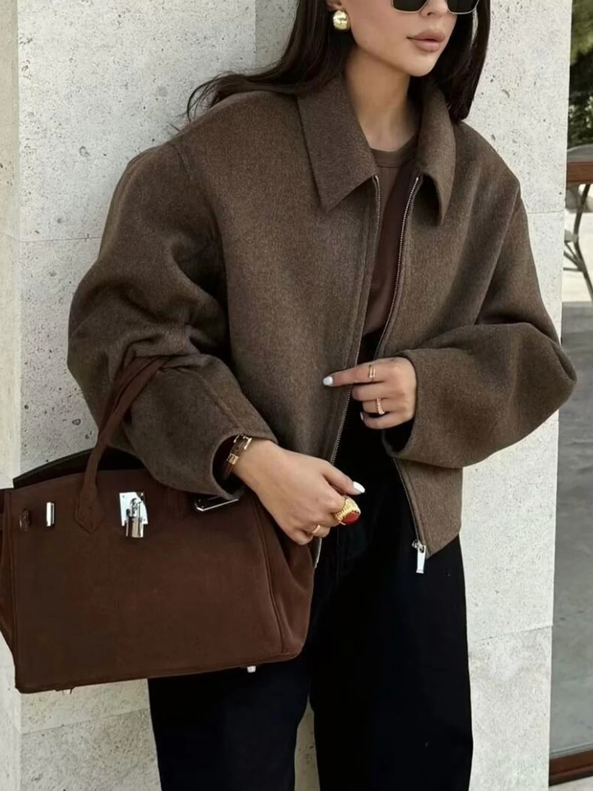 Plain Zipper Tweed Jacket | Commense