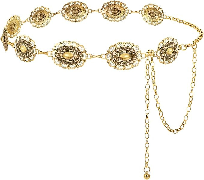 LEACOOLKEY Western Metal Concho Belt for Women Cowgirl Boho Waist Chain Belt for Dresses Jeans Pa... | Amazon (US)