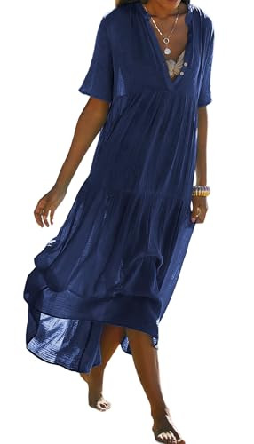 R.Vivimos Womens Summer Cotton Flowy Maxi Dress Short Sleeve V Neck Empire Waist Boho Tiered Ruffle Casual Loose Long Dresses (Large, NavyBlue) | Amazon (US)