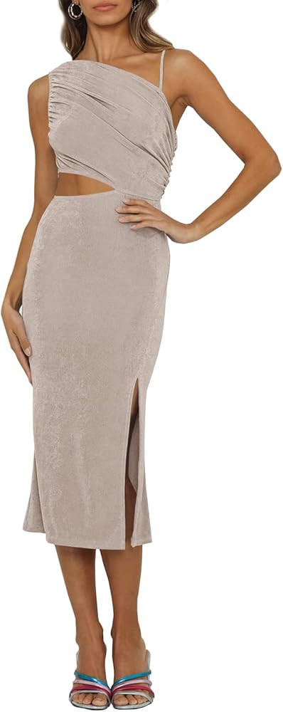 HOSIKA Women's Sexy One Shoulder Sleeveless Cut Out Split Solid Color Bodycon Party Cocktail Midi Dr | Amazon (US)
