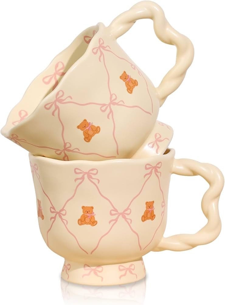 THIRDCUP 2 Pack Large Ceramic Coffee Mugs Cute Bear Pink Bow Mugs 18 oz Drinking Mug Funny Novelt... | Amazon (US)
