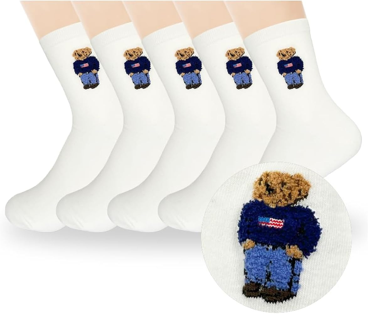 5 Pairs Cute Bear Cotton Crew Socks, Size 4-7 | Amazon (US)