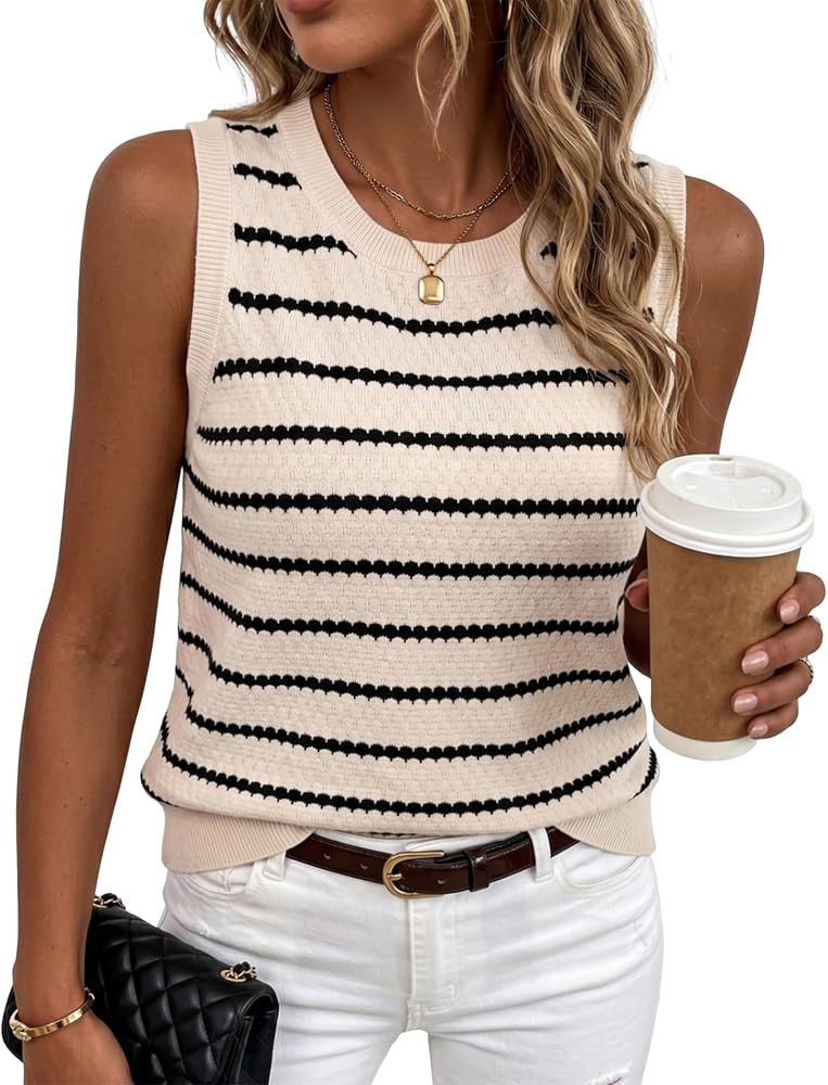 Women Sweater Vest Tank Top Crochet Striped Sleeveless Tops | Amazon (US)