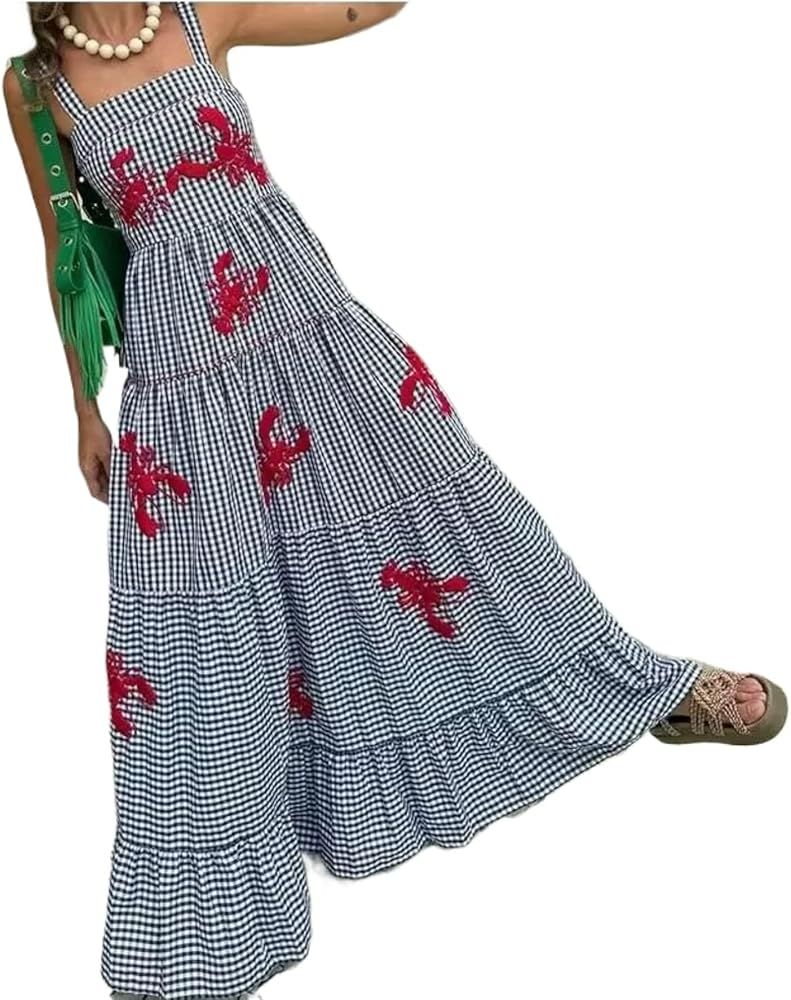 XPONNI Gingham Dress Lobster Summer Maxi Dresses for Women 2024 Shrimp Long Dress Flowy Ruffle Li... | Amazon (US)