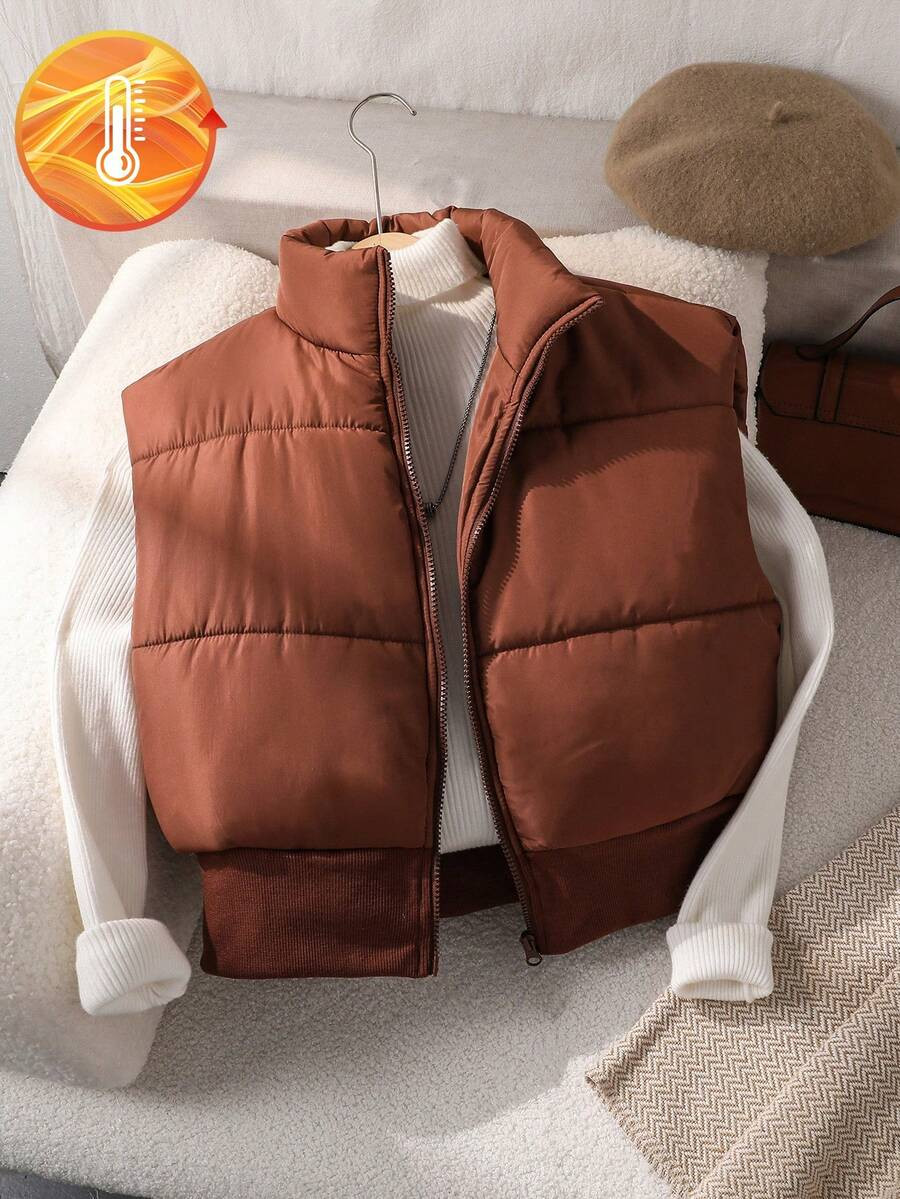 SHEIN Teen Girl Casual All-Match Versatile Sleeveless Short Padded Vest, Autumn/Winter | SHEIN