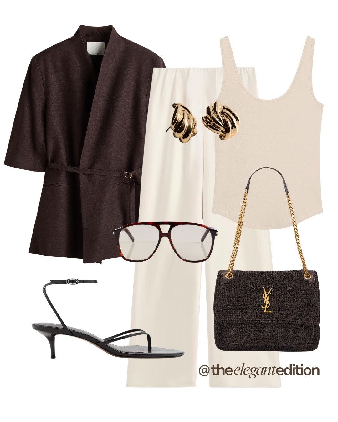 BLAZER LOOK - Love the chocolate brown and cream colour combo. This belted wrap jacket with cream wide leg trousers and a YSL raffia bag is effortlessly chic for everyday or evening #jacket #trousers #heels #LTKspring #LTKsummer #LTKstyletip 

 #LTKeurope #LTKsummer #LTKstyletip