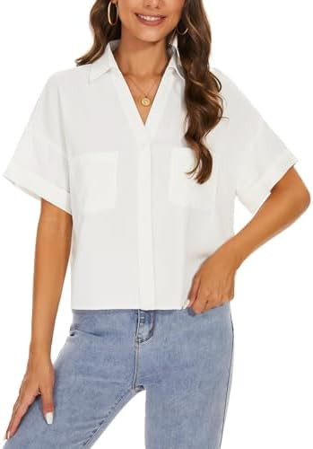 MINTLIMIT Womens Button Down Crop Tops Casual Short Sleeve Cropped Shirts Solid Lapel Blouse Shir... | Amazon (US)