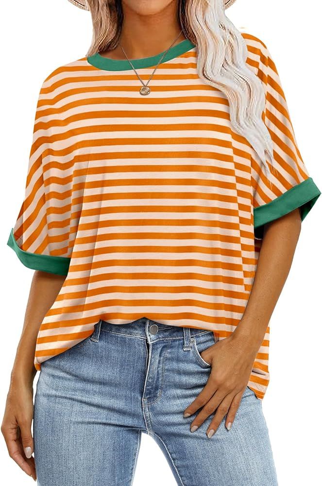 ANRABESS Women's Striped Oversized T Shirts Short Sleeve Crewneck Summer Tops Casual Loose Basic ... | Amazon (US)